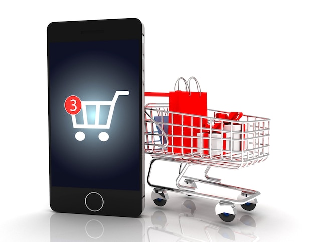 Mobile Shopping . smartphone with cart . 3d rendered illustration