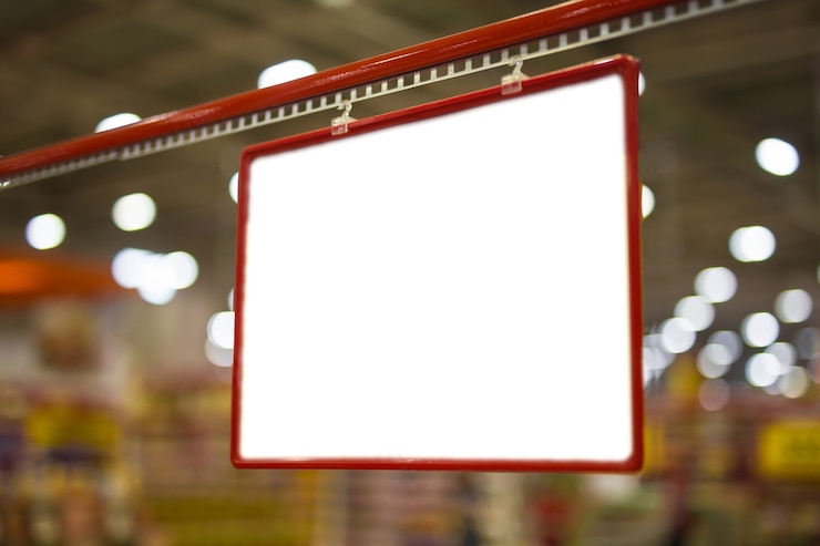 Fotoğraf mock up blank red discount and price tag on the products shelves in supermarket.