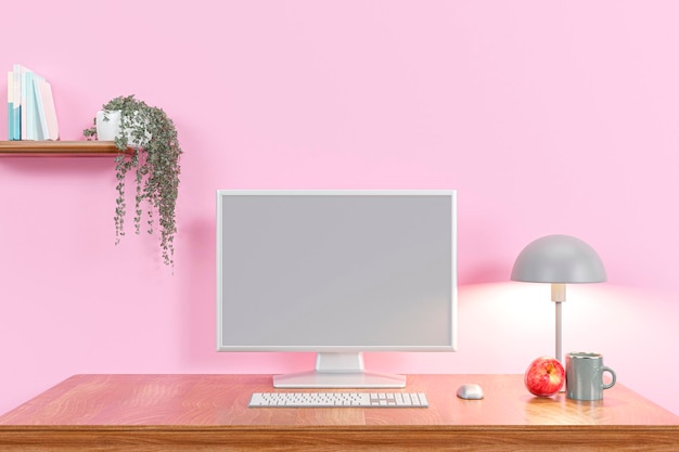 Mock up computer monitor on a working desk 3d rendered illustration