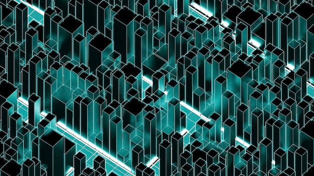 Model of animated city built up in neon turquoise lighting design silhouettes of buildings of a new