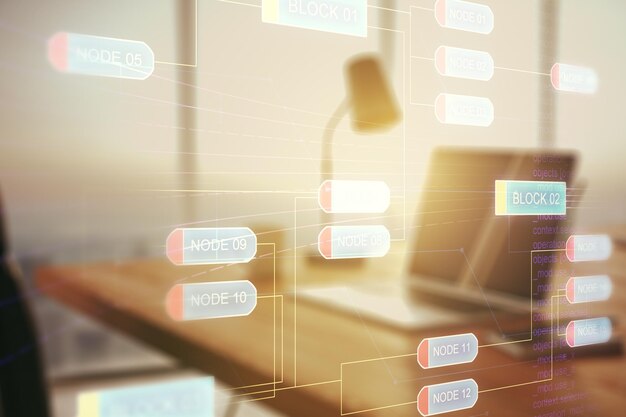 Modern bilgisayar arka planında soyut grafik kodlama taslağının çoklu pozlaması büyük veri ve ağ oluşturma konsepti