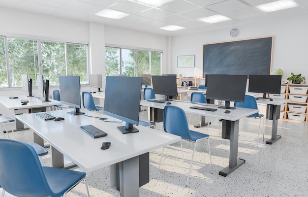 Modern Computer Classroom with Monitors and Blue Chairs