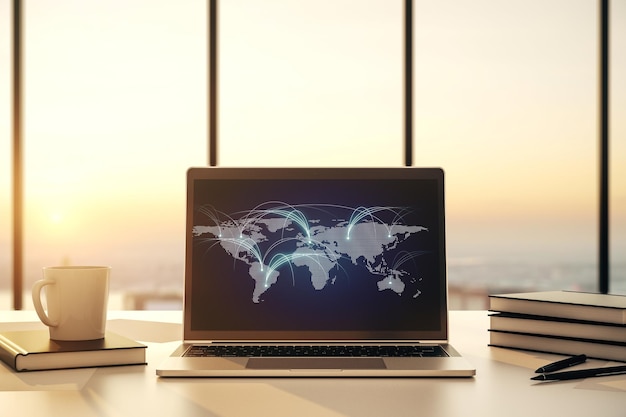 Modern computer monitor with abstract digital world map with connections research and strategy concept 3D Rendering