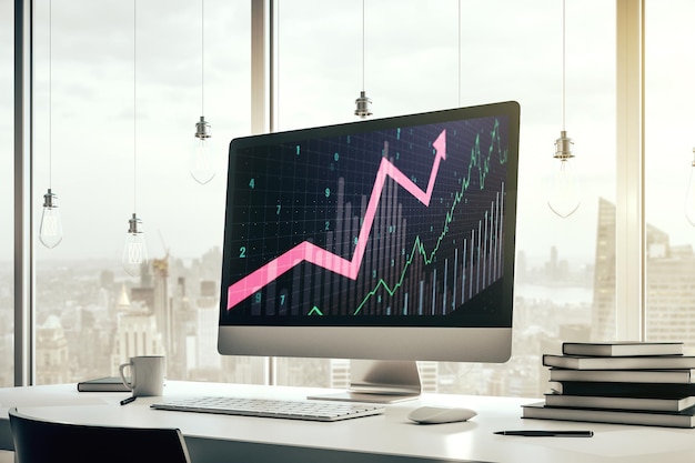modern computer screen with abstract creative financial chart and upward arrow rise and breakthrough concept 3d rendering
