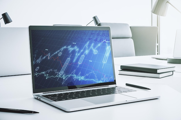 modern computer screen with abstract creative financial chart research and analytics concept 3d rendering