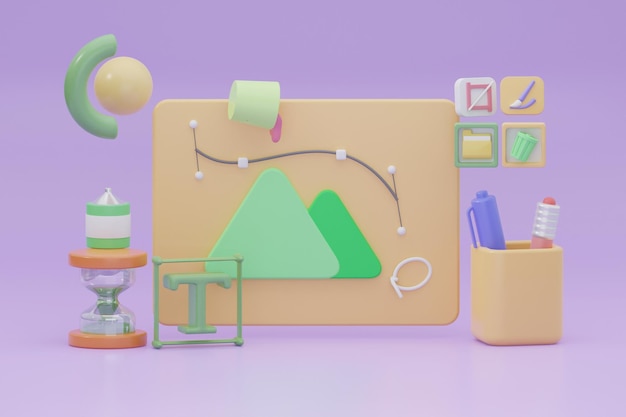 Modern grafik tasarım süreci konsepti, grafik tasarımcı öğeleri, simgeler ve araçlar, 3D render