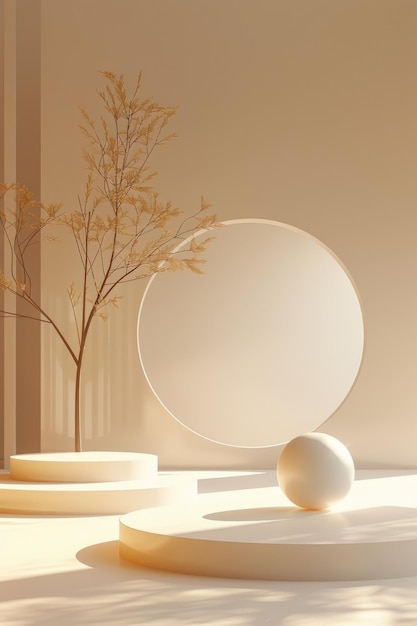 Modern minimalist interior with beige tones abstract circular steps and decorative plants