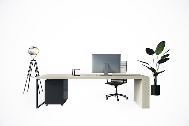 modern minimalist office desk setup with computer lamp and plant 3d rendering