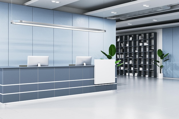 Modern office lobby interior with empty white mock up banner and other items 3D Rendering