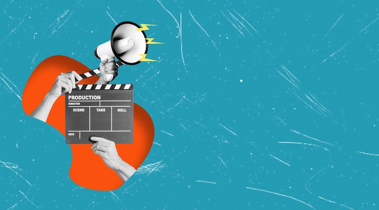 Fotoğraf modern sanat kolajı video çekerken klaket tutan eller bağıran megafon