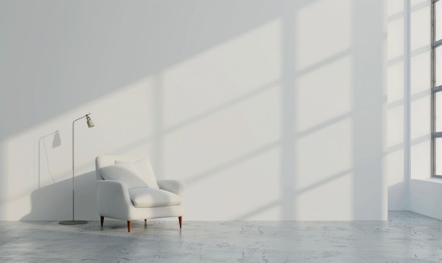 Modern white interior with a cozy armchair and lamp sunlight casting shadows on the floor