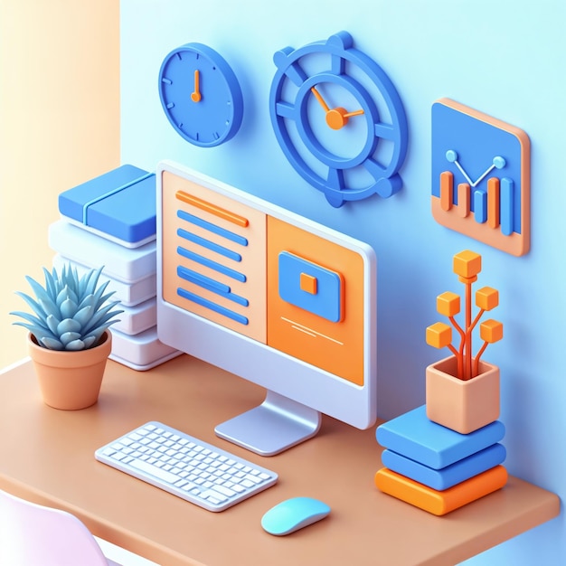 Modern Workspace with Computer, Clock, and Plant