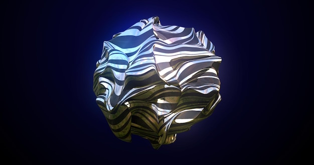 Morphing of a metal sphere a ball of molten fluid iridescent shiny beautiful glowing on a dark blue