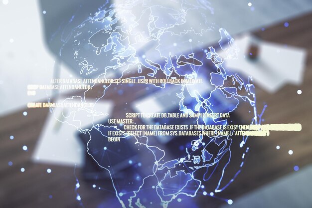 Multi exposure of abstract creative coding sketch with world map and modern desktop with computer on background artificial intelligence and neural networks concept