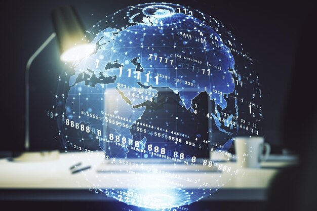 Multi exposure of abstract creative coding sketch with world map on modern laptop background artificial intelligence and neural networks concept