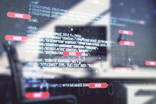 Multi exposure of abstract graphic coding sketch and modern desktop with pc on background big data and networking concept