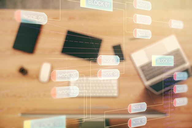 Multi exposure of abstract graphic coding sketch on modern computer background big data and networking concept