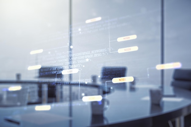 Multi exposure of abstract programming language hologram on a modern furnished office interior background artificial intelligence and machine learning concept