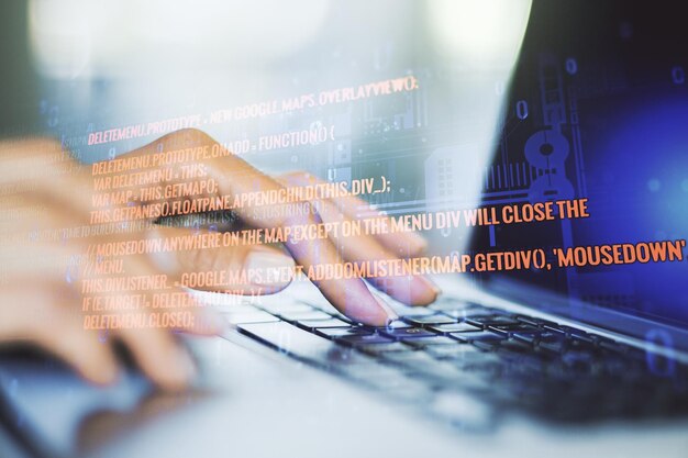 Multi exposure of abstract programming language hologram with hands typing on computer keyboard on background artificial intelligence and machine learning concept