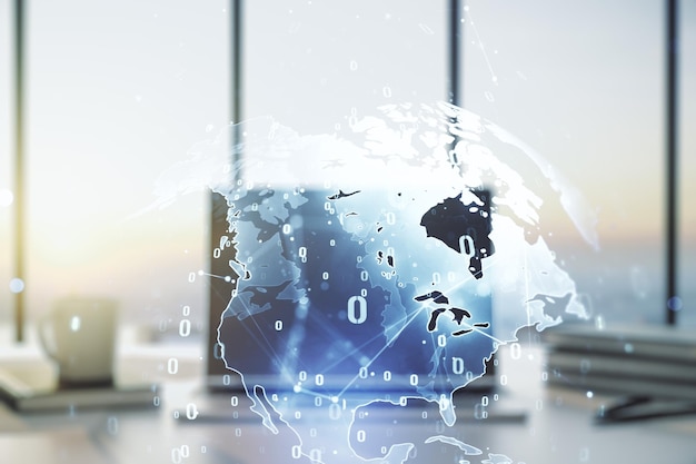 Multi exposure of abstract programming language hologram with world map on computer background artificial intelligence and neural networks concept