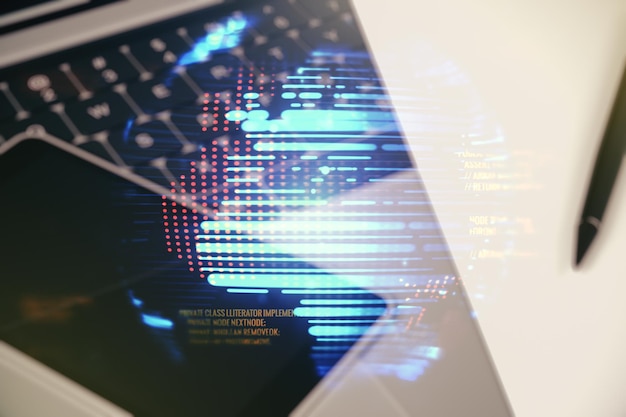 Multi exposure of abstract programming language hologram with world map on computer background artificial intelligence and neural networks concept