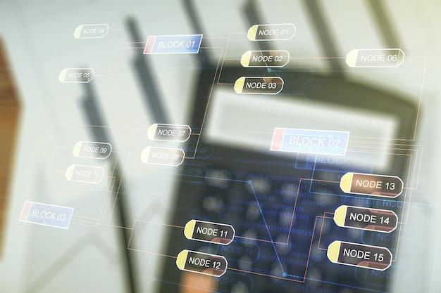 Multi exposure of abstract software development hologram on blurry calculator background research and analytics concept