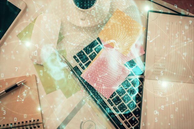 multi exposure of brain sketch hologram over topview work table background with computer concept of big data