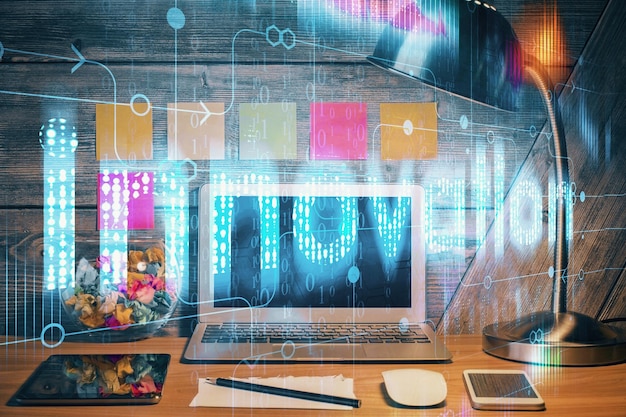 Multi exposure of desktop with computer on background and tech theme drawing Concept of big data