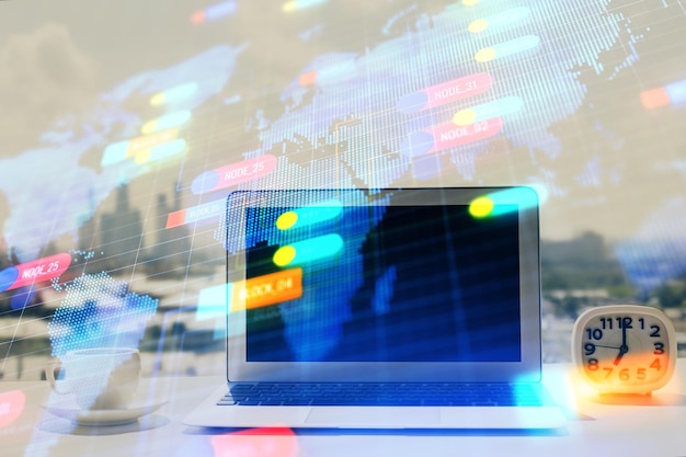 multi exposure of table with computer on background and data theme drawing concept of innovation