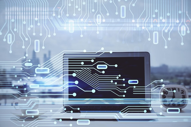 multi exposure of table with computer on background and data theme drawing concept of innovation
