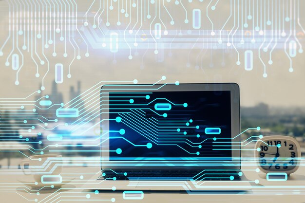 multi exposure of table with computer on background and data theme drawing concept of innovation