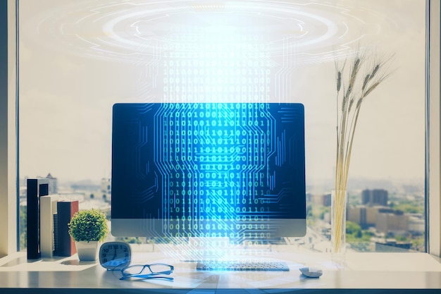 Multi exposure of table with computer on background and data theme drawing Concept of innovation