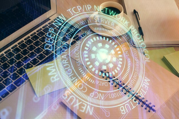 Multi exposure of technology theme drawing and desktop with coffee and items on table background Concept of data research