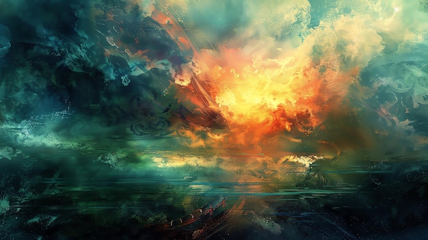 Mystical sunset over the ocean Bright yellow and orange colors contrast with the dark blue water
