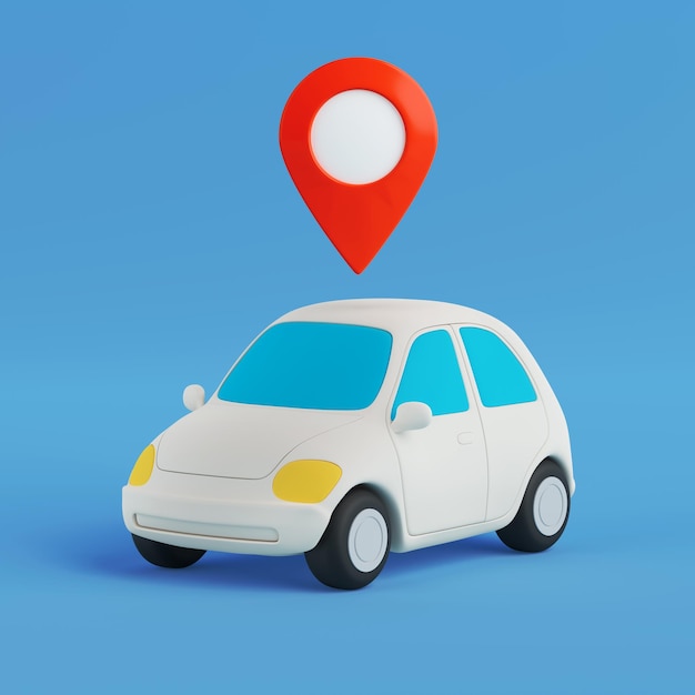 navigation and transport concept white cartoon car with red map pointer pin 3d rendering