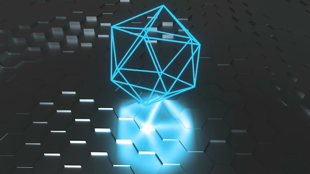 Neon atom symbol are on surface with reflection futuristic 3d render background icosahedron geometric shape