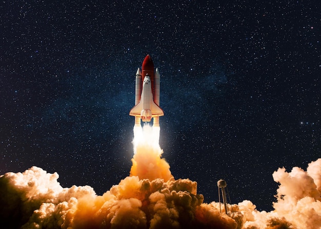 new ship rocket shuttle flies to moon spaceship lift off into the starry sky rocket starts into space concept travel to mars