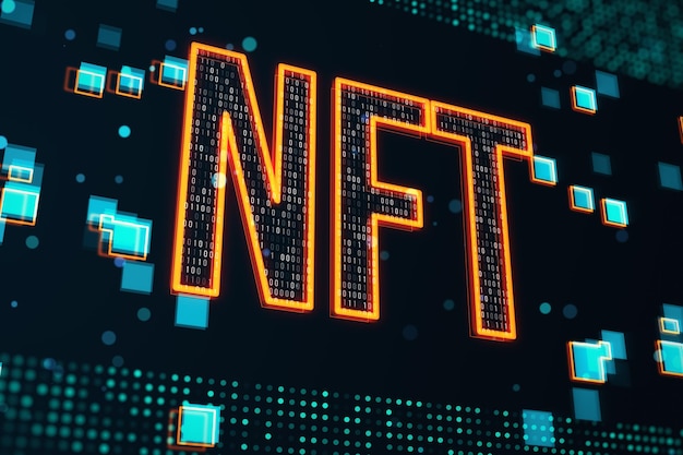 NFT neon sign amidst digital code Blockchain technology representation 3D Rendering