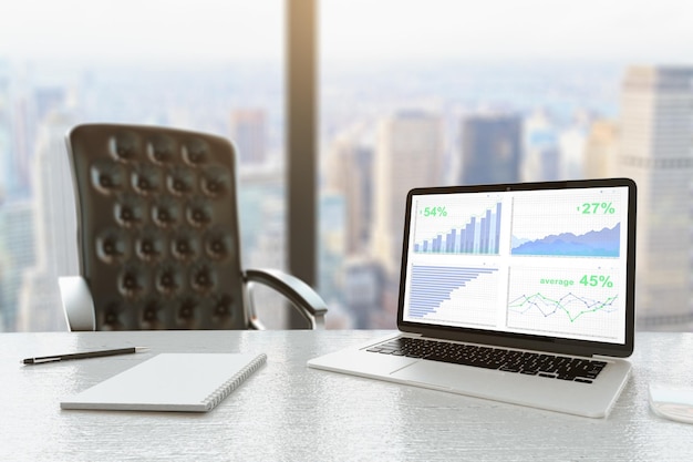 Office desktop with business chart on laptop screen office tools and city view 3D Rendering