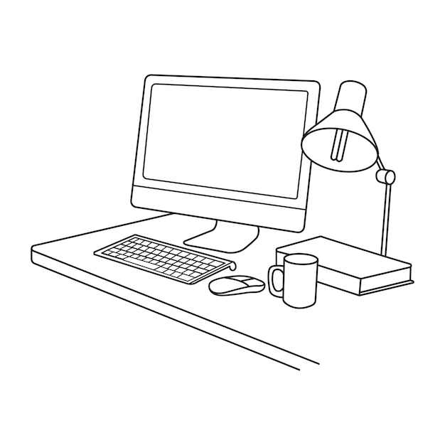 Office workspace png computer desktop line art illustration transparent background