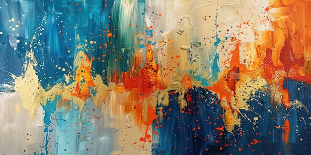 Oil painting with large brushstrokes paint stains strokes gold elements orange gold blue abstraction