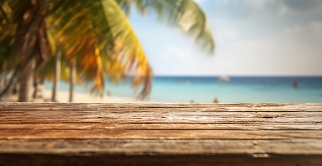 Old wooden table top against blurred panoramic beach with coconut palm leaves Concept Vacation Summer Beach Sea AI generated image
