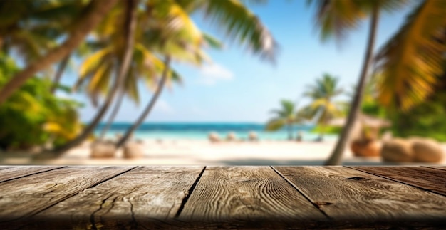Old wooden table top against blurred panoramic beach with coconut palm leaves Concept Vacation Summer Beach Sea AI generated image