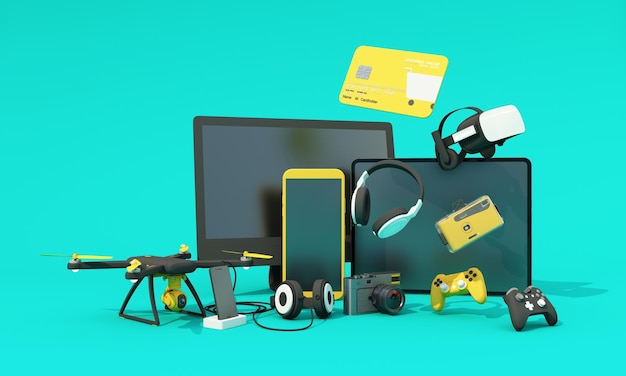 online shopping concept about electronics and gadgets in modern promotion period of new models consist of phone vr headphone with drone and credit card on green background realistic 3d rendering