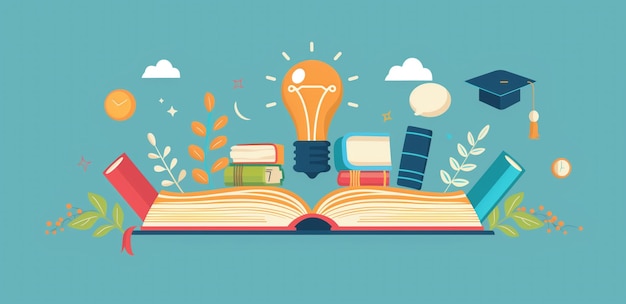 Open Book with Light Bulb and Books Concept of Knowledge and Education