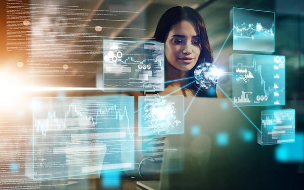 overlay finance stock market hologram or woman and futuristic financial ai data analysis or cryptocurrency cloud computing it or networking with global economy blockchain or investment analytics
