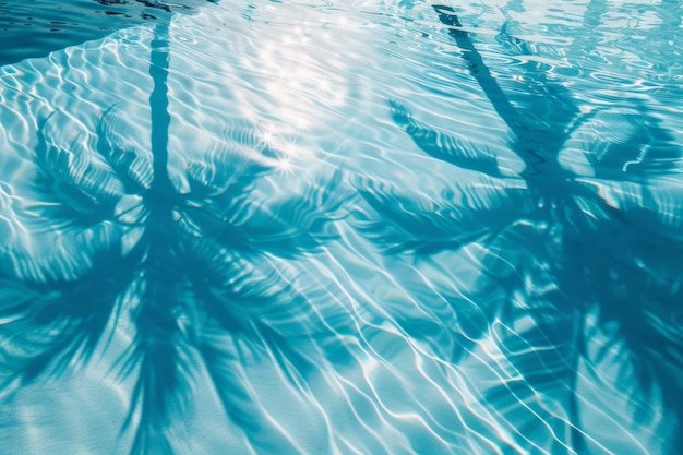 Palm tree shadows on blue water background palm branch on beach pattern ocean wave sunlight palm shadow