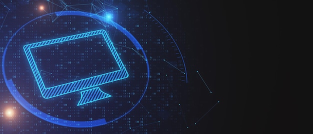 Panoramic glowing computer monitor icon on dark blue background with binary code and mock up place Digital transformation concept 3D Rendering
