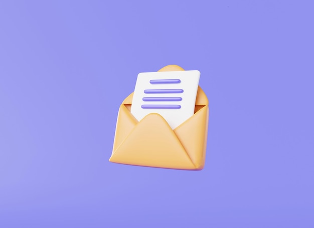Paper documents on envelope icon Paper Sheet Read online message Mail icon New email Message Letter Document Business news and invitations 3d rendering illustration Cartoon minimal style
