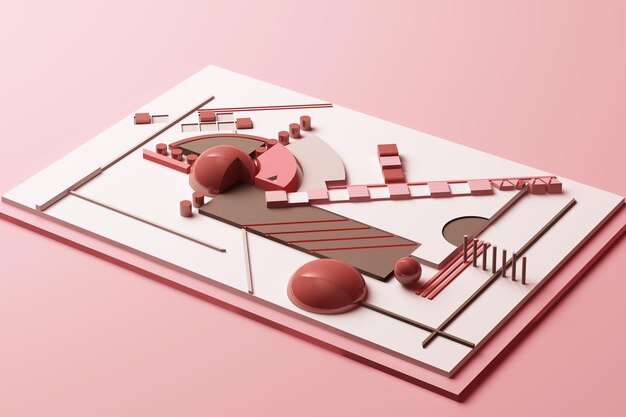 Pastel pembe tonunda geometrik şekillerin kompozisyonu ile tasarım 3D render illüstrasyon